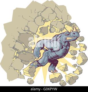 Vector Cartoon Clip Art illustrazione di una mascotte antropomorfo Rhino crash attraverso una parete. Illustrazione Vettoriale