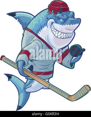 Vector cartoon clip art illustrazione di un duro significa sorridente mascotte di squalo che indossa una uniforme di hockey. Illustrazione Vettoriale