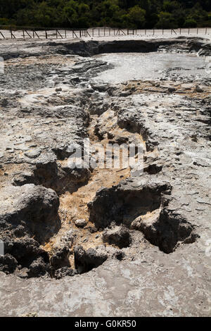 Bolle d'aria e fumi sulfuree salire dal fango piscina / piscine. Vulcano Solfatara, Pozzuoli nr Napoli Italia; Campi Flegrei area vulcanica Foto Stock