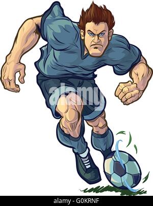 Vector cartoon clip art illustrazione di una robusta, media determinata soccer o giocatore di football dribbling la palla in avanti. Illustrazione Vettoriale