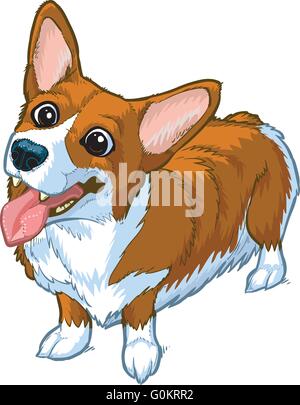 Vector cartoon clip art illustrazione di un simpatico e felice welsh corgi cane o cucciolo con la sua testa deformata da un lato, la bocca aperta. Illustrazione Vettoriale