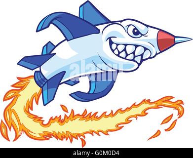 Vector cartoon clip art illustrazione di un razzo antropomorfi o missile mascot con una bocca di squalo. Illustrazione Vettoriale