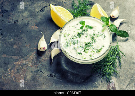 Tzatziki salsa. Dip fresco con yogurt, erbe aromatiche aneto e menta. In stile vintage tonica foto Foto Stock