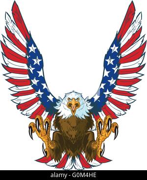 Vector cartoon clip art illustrazione di una media urlando aquila calva volando verso il viewer con ali stese e artigli fuori. Illustrazione Vettoriale