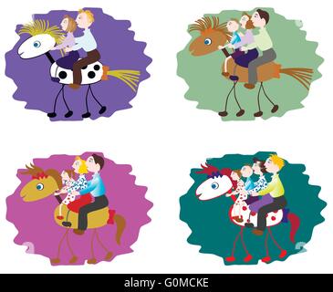 Insieme di immagini della famiglia divertenti - padre, madre, figli sul cavallo. EPS10 illustrazione vettoriale. Illustrazione Vettoriale