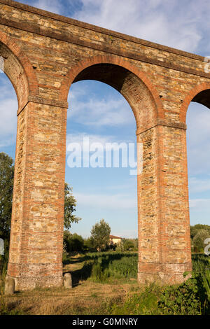 Sezione di arco dell'Acquedotto Nottolini in Toscana vicino a Lucca, Italia. Serata calda luce. Classici toscani texture e toni. Foto Stock