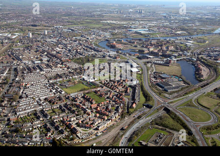 Vista aerea di Stockton-on-Tees con la A66 & Fiume Tees prominente, REGNO UNITO Foto Stock