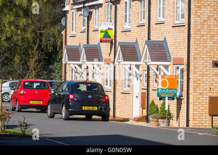 Fila di nuove case terrazza con in vendita segni in Shifnal, Shropshire, Inghilterra, Regno Unito Foto Stock