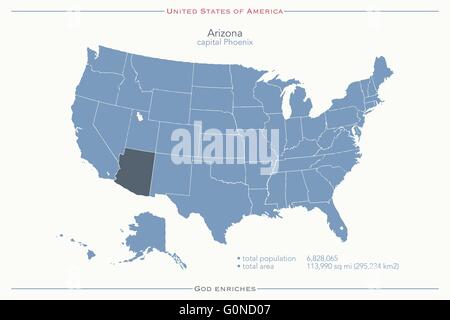 Stati Uniti d'America mappa isolato e Arizona membro territorio. vettore politico USA mappa geografica modello di pagina di intestazione Illustrazione Vettoriale