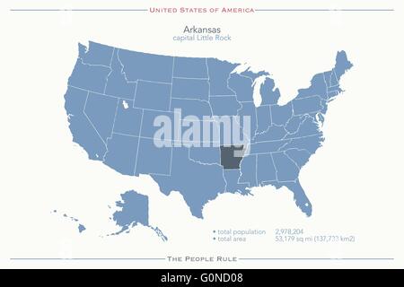 Stati Uniti d'America mappa isolato e Arkansas territorio dello stato. vettore politico USA mappa geografica design banner Illustrazione Vettoriale