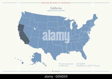 Stati Uniti d'America isolata e mappa California state territorio. vettore politico USA mappa geografica modello di pagina di intestazione Illustrazione Vettoriale