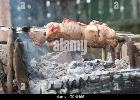 Una sana brace lean a cubetti di spiedini di carne di maiale Foto Stock