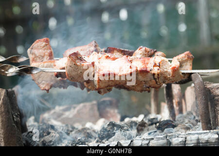 Una sana brace lean a cubetti di spiedini di carne di maiale Foto Stock