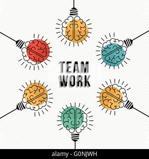 Lavoro di squadra moderno concetto di design e colorati di cervelli umani nella luce di lampade a bulbo a lavorare insieme come team aziendale. EPS10 vettore. Illustrazione Vettoriale
