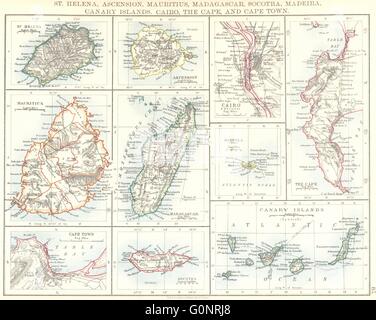 Isole africane.Mauritius Madagascar Madera Canarie St Helena, 1899 mappa vecchia Foto Stock
