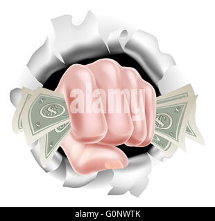 Mano in pugno di cassa di contenimento le fatture del dollaro la punzonatura di un foro in background Foto Stock