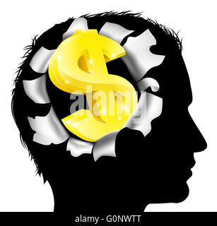 Una testa di uomo in silhouette con oro dollaro simbolo. Concetto di pensare o sognare di fare soldi o il successo aziendale Foto Stock