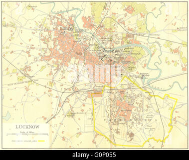 INDIA BRITANNICA: Lucknow city plan mostra cantonment, 1924 Vintage map Foto Stock