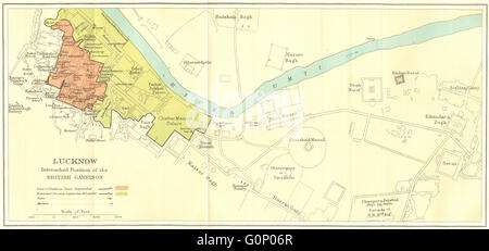Assedio di Lucknow:mostra guarnigione britannica di posizioni.1857 Indian mutiny 1924 mappa Foto Stock