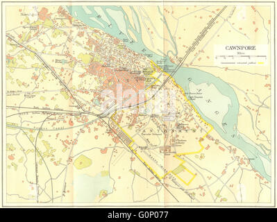 INDIA BRITANNICA: Cawnpore (Kanpur) city plan mostra cantonment, 1924 mappa vecchia Foto Stock