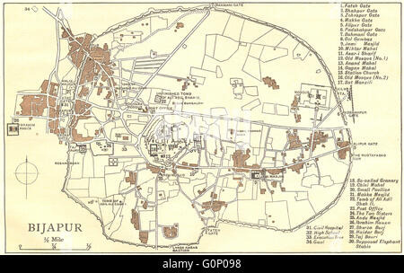 INDIA BRITANNICA: Bijapur city plan mostra palazzi/mahal moschee cancelli, 1924 Mappa Foto Stock