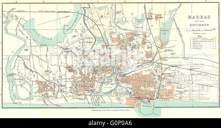 INDIA BRITANNICA: Madras (Chennai) & dintorni pianta della città. Mostra gli hotels., 1924 Mappa Foto Stock