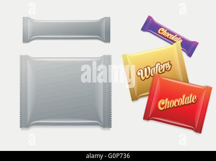 Confezione di plastica. Il cioccolato, wafer, dolci o caramelle pack. Facile modificabile. Gli elementi sono stratificati separatamente. Basta selezionare il tuo wor Illustrazione Vettoriale