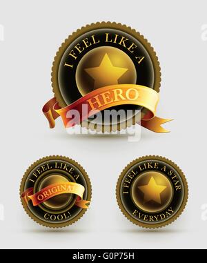Oro e nero set di badge con nastro. Gli elementi sono stratificati separatamente in file vettoriale. Illustrazione Vettoriale