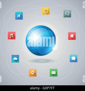Vettore modello infografico con blue globe e lunga ombra icone. Gli elementi sono stratificati separatamente in file vettoriale. Illustrazione Vettoriale