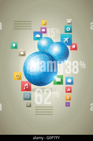 Vettore modello infografico con globi e lunga ombra icone. Gli elementi sono stratificati separatamente in file vettoriale. Illustrazione Vettoriale