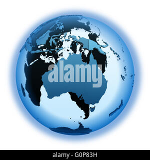 Australia sul modello traslucido del pianeta Terra con visibile continenti blu paesi ombreggiata. 3D illustrazione isolato su bianco Foto Stock