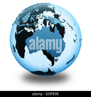 Australia sul modello traslucido del pianeta Terra con visibile continenti blu paesi ombreggiata. 3D illustrazione isolato su bianco Foto Stock
