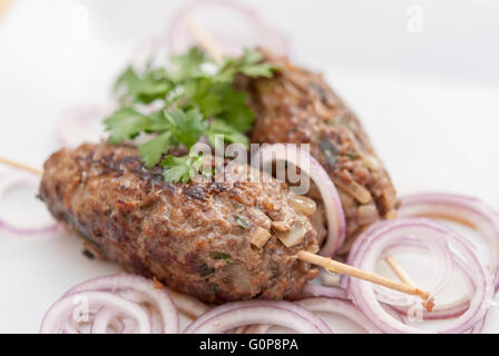 Manzo alla griglia spiedini(kofta) su spiedini di legno serviti con cipolla blu e verdi su una piastra bianca closeup. Foto Stock