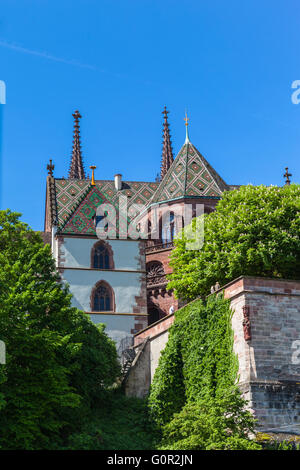 Vista della cattedrale di Basilea Basilea Minster (Basler Munster) cattedrale dall'boad sul fiume Reno, Basilea, Svizzera Foto Stock