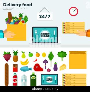 Banner e icone di cibo per la consegna Illustrazione Vettoriale