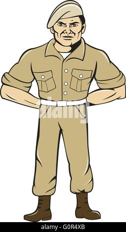 Illustrazione di Army Ranger in piedi in piena attenzione con le mani sul retro se visto dalla parte anteriore impostato su isolato sfondo bianco fatto in stile cartoon. Illustrazione Vettoriale