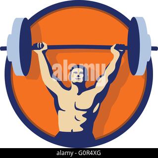 Illustrazione di un atleta di sollevamento pesi barbell con entrambe le mani se visto dalla parte anteriore impostato all'interno del cerchio fatto in stile retrò. Illustrazione Vettoriale