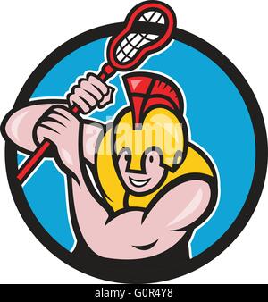 Illustrazione di un gladiatore lacrosse giocatore indossa il casco spartan azienda lacrosse stick visto dalla serie anteriore cerchio interno realizzato in stile cartoon. Illustrazione Vettoriale