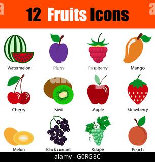 Design piatto frutta icon set con titoli in ui di colori. Illustrazione Vettoriale. Illustrazione Vettoriale