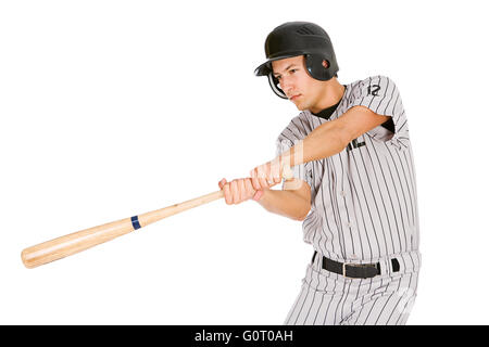Isolato su bianco serie di due uomini in baseball uniformi, in pose diverse con puntelli. Foto Stock