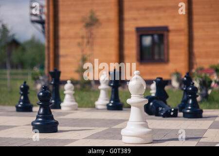 Scacchi grandi su uno sfondo di casa in legno e campo di erba Foto Stock