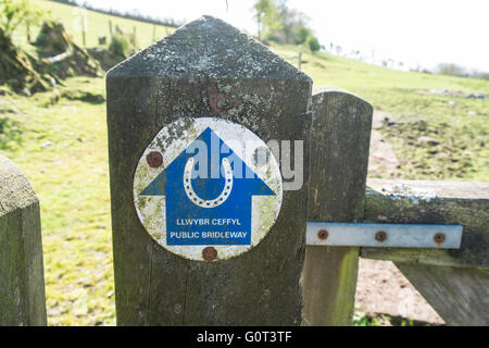 Cartello bilingue.Public Bridleway,percorso per cavalieri su una collina ad ovest di Kidwelly,Carmarthenshire,West Wales,U.K.,gallese, Foto Stock