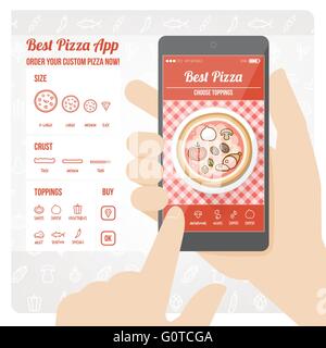 La pizza migliore app interface design con ingrediente e icone sul display mobile Illustrazione Vettoriale