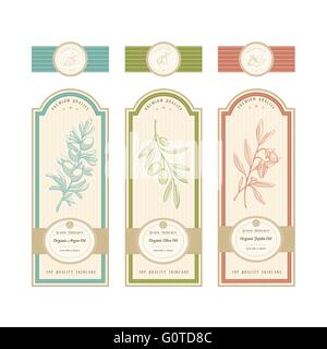 Prodotto naturale etichetta con impianto: argan, olio di oliva e olio di jojoba Illustrazione Vettoriale