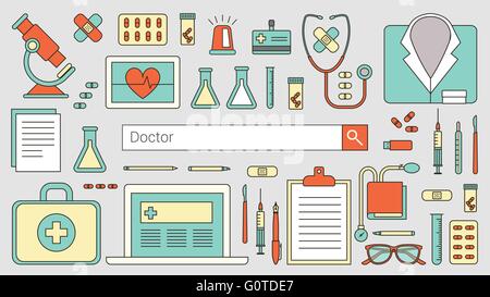 Professional medico e sanitario banner con barra di ricerca, linea sottile oggetti e attrezzature mediche su un computer desktop Illustrazione Vettoriale