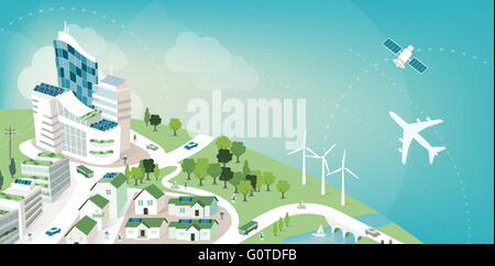 Verde città sostenibile banner con il pianeta terra e cielo, cura ambientale e concetto di ecologia Illustrazione Vettoriale