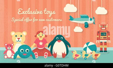 Carino vintage toys sul pavimento e piano appeso, bambini vendita prodotti di banner Illustrazione Vettoriale