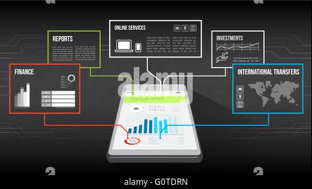 Smartphone con web e dati finanziari cornici in alto Illustrazione Vettoriale