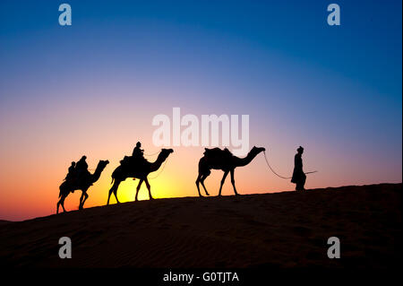 Silhouette di tre persone a dorso di cammello safari nel deserto di Thar National Park, Jaisalmer, Rajasthan, India