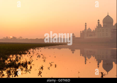 Taj Mahal vista con la riflessione dal fiume Yamuna banca. Foto scattata durante il sunrise con mattinata nebbiosa. Foto Stock